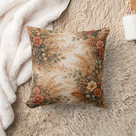 Rust Terracotta Boho Harvest Floral Bouquet クッション (ブランケット)