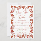 Rust Terracotta Chic Mexican Fiesta Talavera写真 セーブザデート (正面)