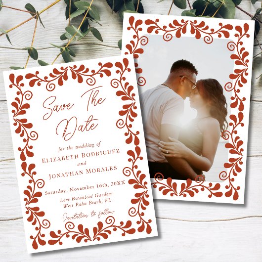 Rust Terracotta Chic Mexican Fiesta Talavera写真 セーブザデート