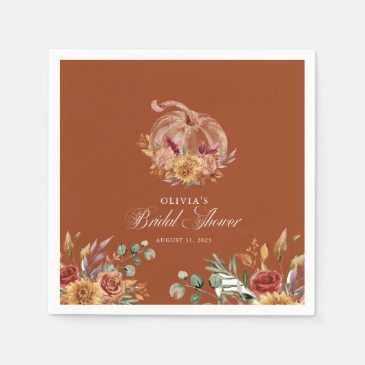 Rust Terracotta Floral Pampas Grass and Pumpkin スタンダードカクテルナプキン (正面)