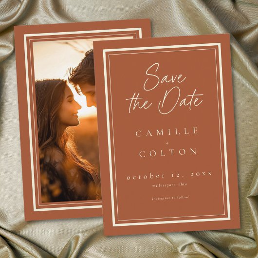 Rust Terracotta Minimalist Frame Wedding Photo セーブザデート