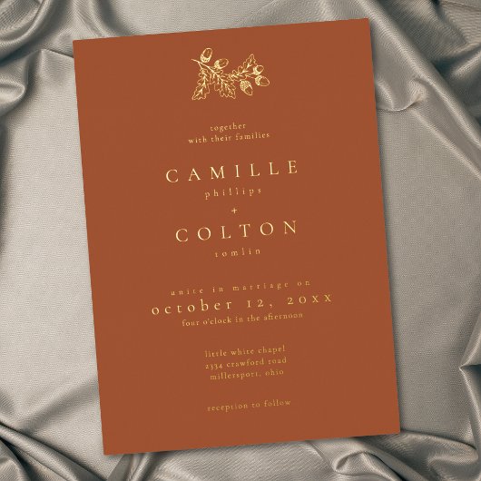 Rust Terracotta Minimalist Leaf Acorn Fall Wedding 箔招待状