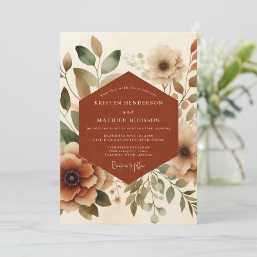 Rust Watercolor Bloom Wedding 招待状 (スタンド正面)