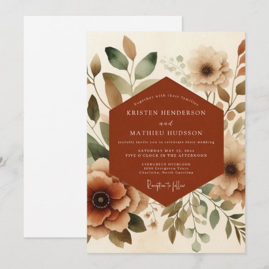 Rust Watercolor Bloom Wedding 招待状 (正面/裏面)