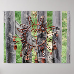 Rusted Wire Sun Face Lawn Decoration On Fence ポスター
