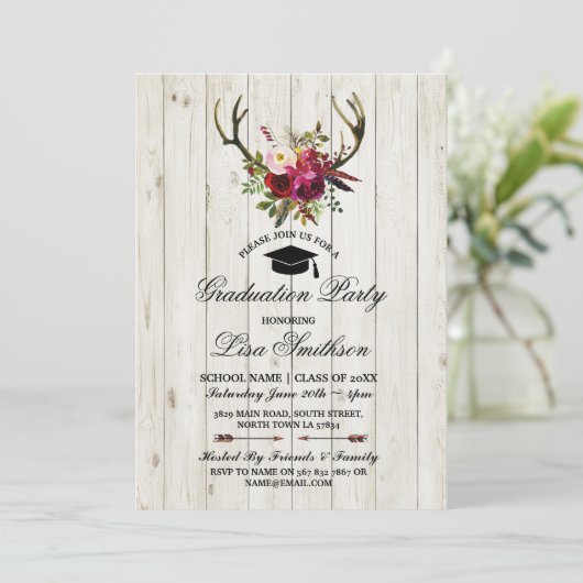 rusticな卒業パーティーの花の鹿の角の招待状 招待状 (スタンド正面)
