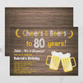  rustic サプライズ 乾杯とビール 80歳の誕生日 招待状 (正面/裏面)