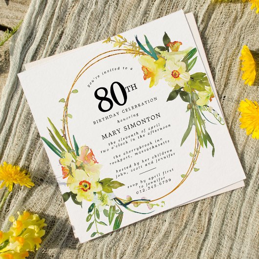  rustic ボーホー イエロー 水仙 80歳 誕生日 招待状