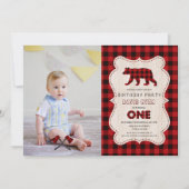  rustic 赤いバッファローの木こり写真 1歳誕生日 招待状 (正面)