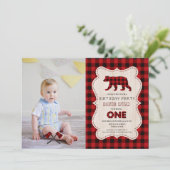  rustic 赤いバッファローの木こり写真 1歳誕生日 招待状 (スタンド正面)