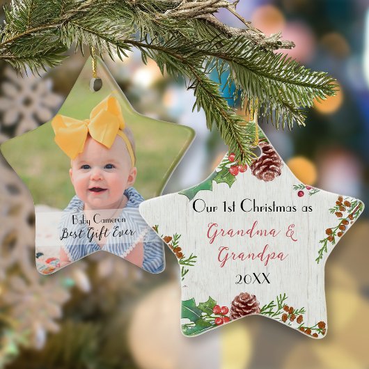 Rustic 1st Christmas Custom Photo New Grandparents セラミックオーナメント