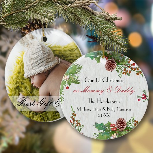 Rustic 1st Xmas New Mom & Dad Milestone Photo オーナメント