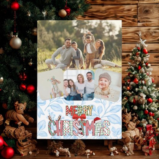 Rustic 4 Photo Merry Christmas Holiday Card シーズンカード