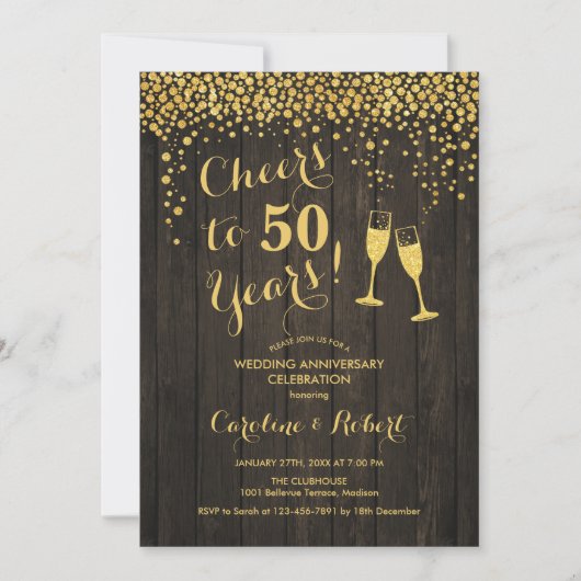 Rustic 50th Anniversary - Cheers to 50 Years Gold 招待状 (正面)