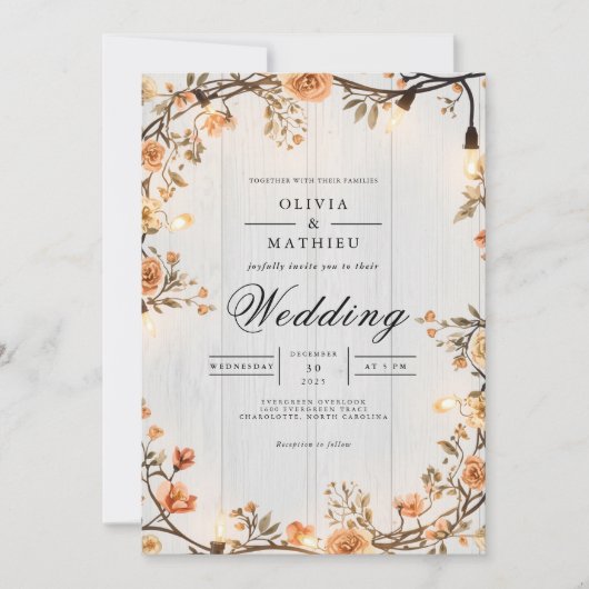 Rustic Amber Floral String Lights Wedding 招待状 (正面)
