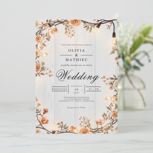Rustic Amber Floral String Lights Wedding 招待状 (スタンド正面)