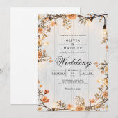 Rustic Amber Floral String Lights Wedding 招待状 (正面/裏面)