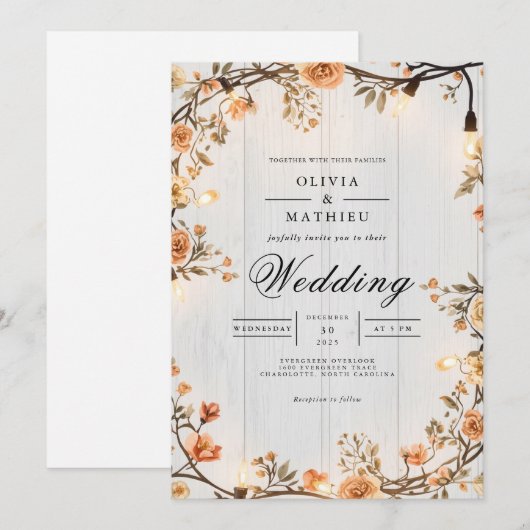 Rustic Amber Floral String Lights Wedding 招待状 (正面/裏面)