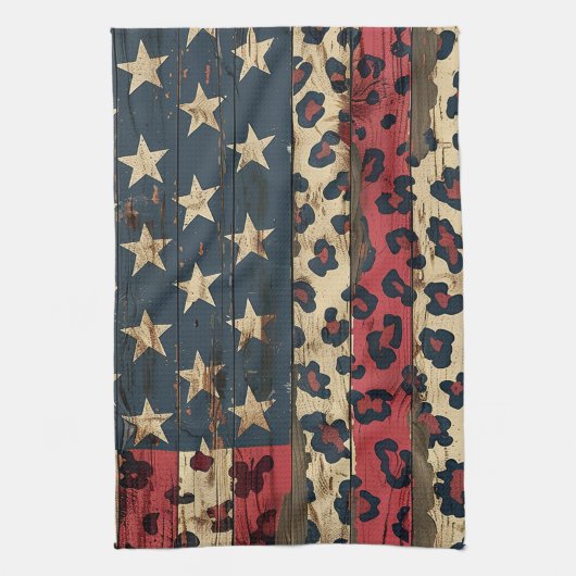 Rustic American Flag Leopard Print (1) キッチンタオル (縦)