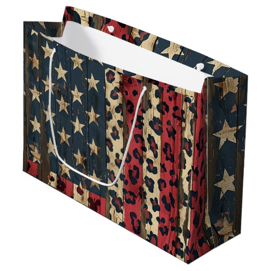 Rustic American Flag Leopard Print (1) ラージペーパーバッグ (正面アングル)