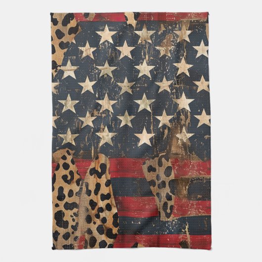 Rustic American Flag Leopard Print (3) キッチンタオル (縦)