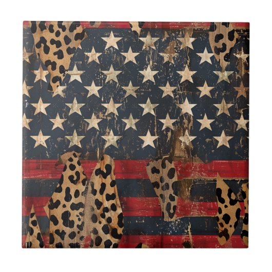Rustic American Flag Leopard Print (3) タイル (正面)