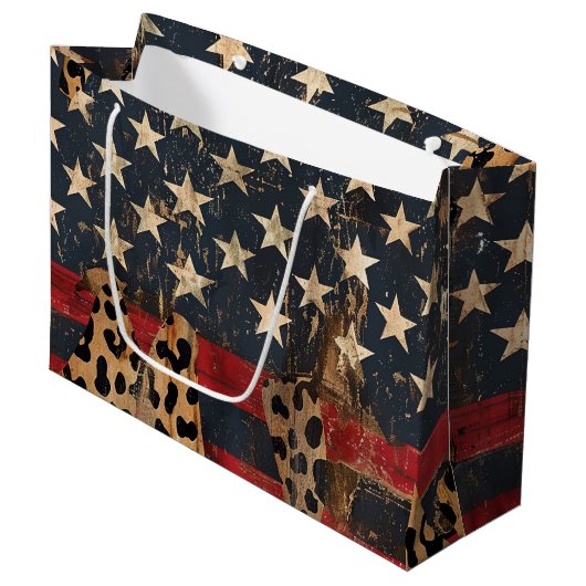Rustic American Flag Leopard Print (3) ラージペーパーバッグ (正面アングル)