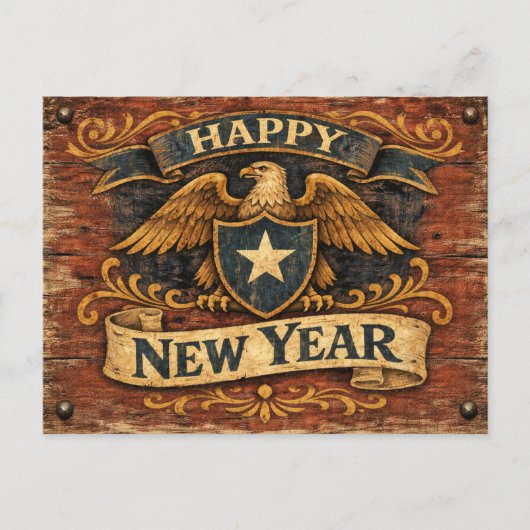 Rustic Americana Eagle Shield New Year シーズンポストカード (正面)