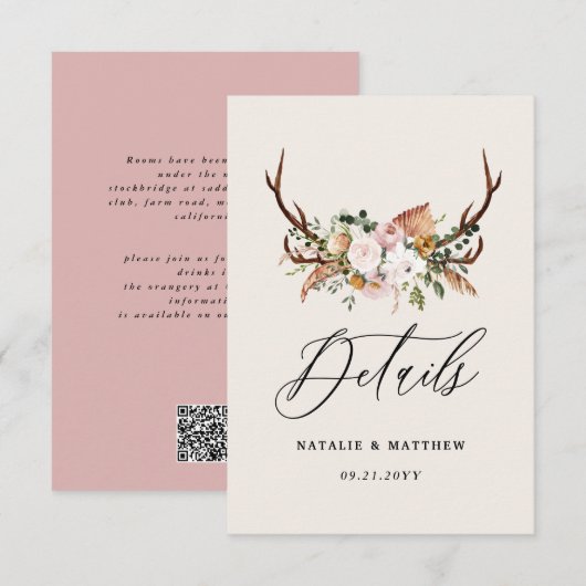 Rustic Antler Floral Wedding woodland Boho Details エンクロージャーカード (正面/裏面)