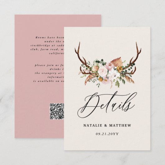 Rustic Antler Floral Wedding woodland Boho Details エンクロージャーカード (正面/裏面)