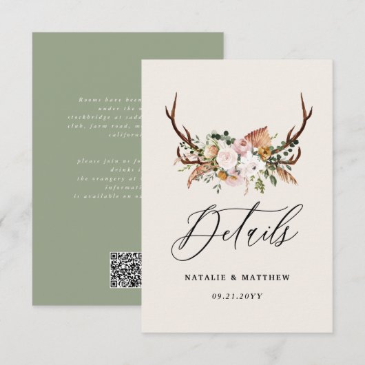 Rustic Antler Floral Wedding woodland Boho Details エンクロージャーカード (正面/裏面)