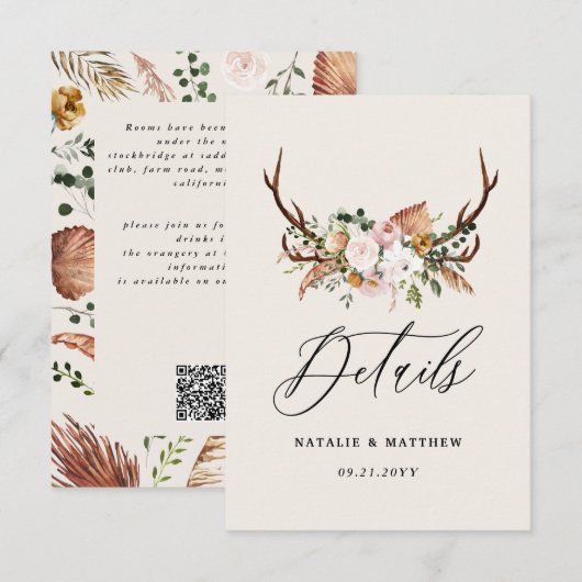 Rustic Antler Floral Wedding woodland Boho Details エンクロージャーカード (正面/裏面)
