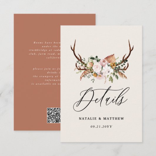 Rustic Antler Floral Wedding woodland Boho Details エンクロージャーカード (正面/裏面)