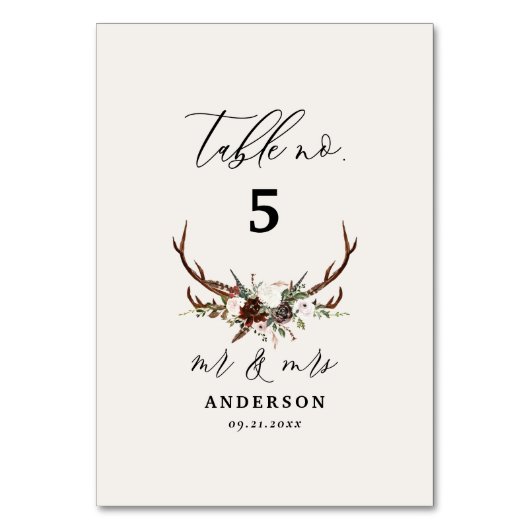 Rustic Antler Wedding Woodland Deer Table Number テーブルナンバー (正面)