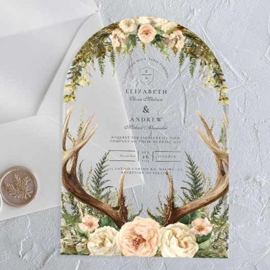 Rustic Antler Woodland Floral Wedding アクリル招待状