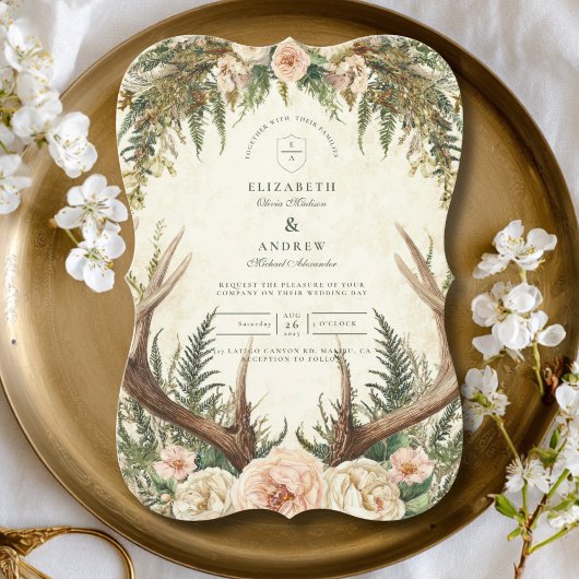 Rustic Antler Woodland Floral Wedding 招待状