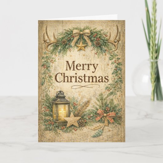 Rustic Antler Wreath Merry Christmas  シーズンカード (正面)