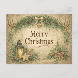 Rustic Antler Wreath Merry Christmas  シーズンポストカード