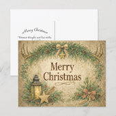 Rustic Antler Wreath Merry Christmas シーズンポストカード (正面/裏面)