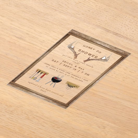 Rustic Antlers Honey Do Couples Wedding Shower  アクリル招待状 (レイダウン)