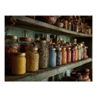 Rustic Apothecary Herb Jar Shelf ポスター