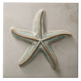 Rustic Aqua and Sand Starfish Coastal Relief タイル