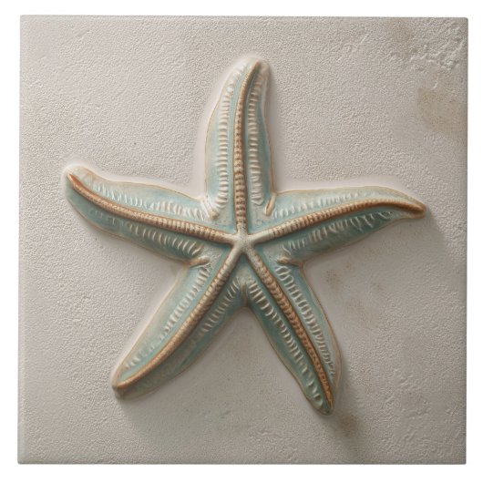 Rustic Aqua and Sand Starfish Coastal Relief タイル (正面)