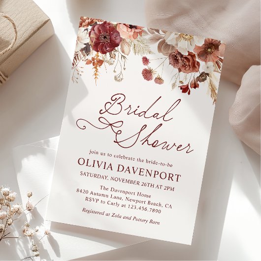 Rustic Autumn Burgundy Floral Fall Bridal Shower 招待状