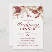 Rustic Autumn Burgundy Floral Thanksgiving Dinner 招待状 (正面)