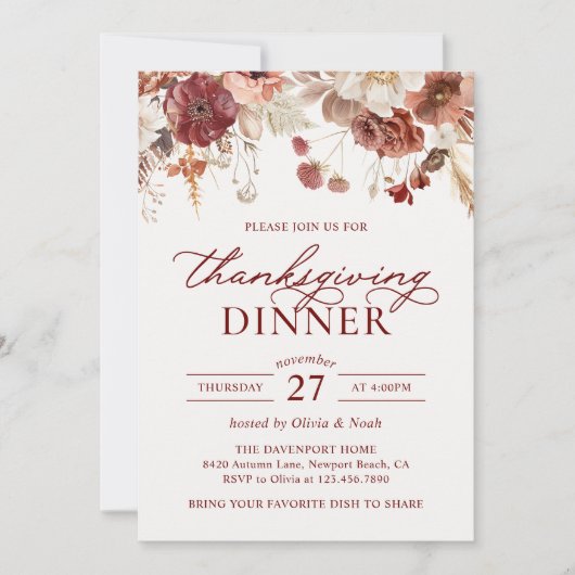 Rustic Autumn Burgundy Floral Thanksgiving Dinner 招待状 (正面)