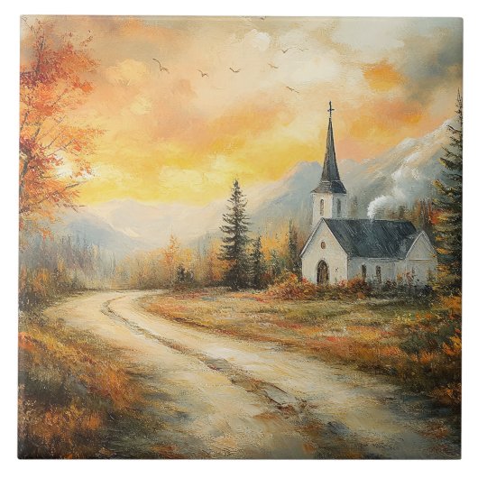 Rustic Autumn Church Watercolor Painting タイル (正面)