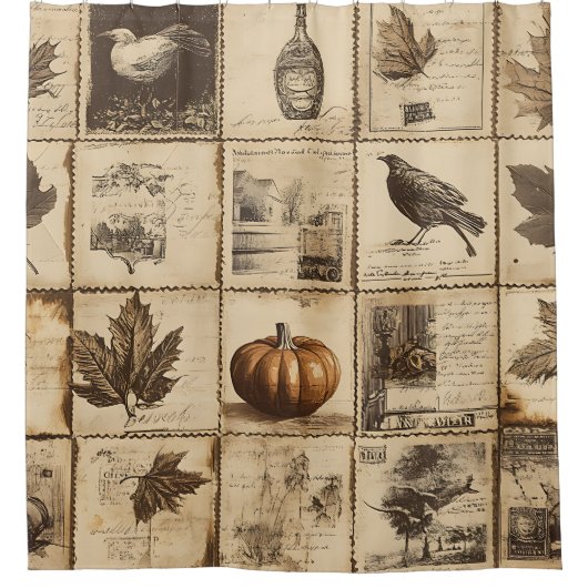 Rustic Autumn Ephemera Collage | ウォームアーシー (2) シャワーカーテン (正面)