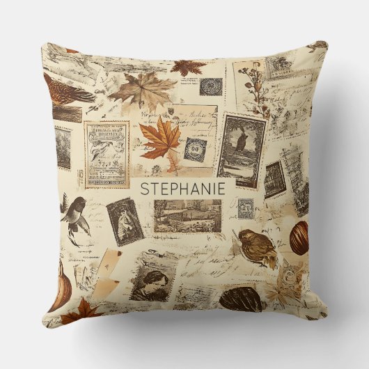 Rustic Autumn Ephemera Collage | Warm Earthy クッション (裏面)