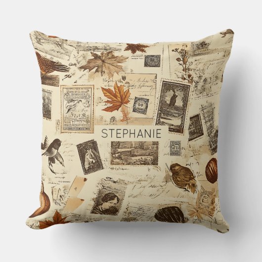 Rustic Autumn Ephemera Collage | Warm Earthy クッション (正面)